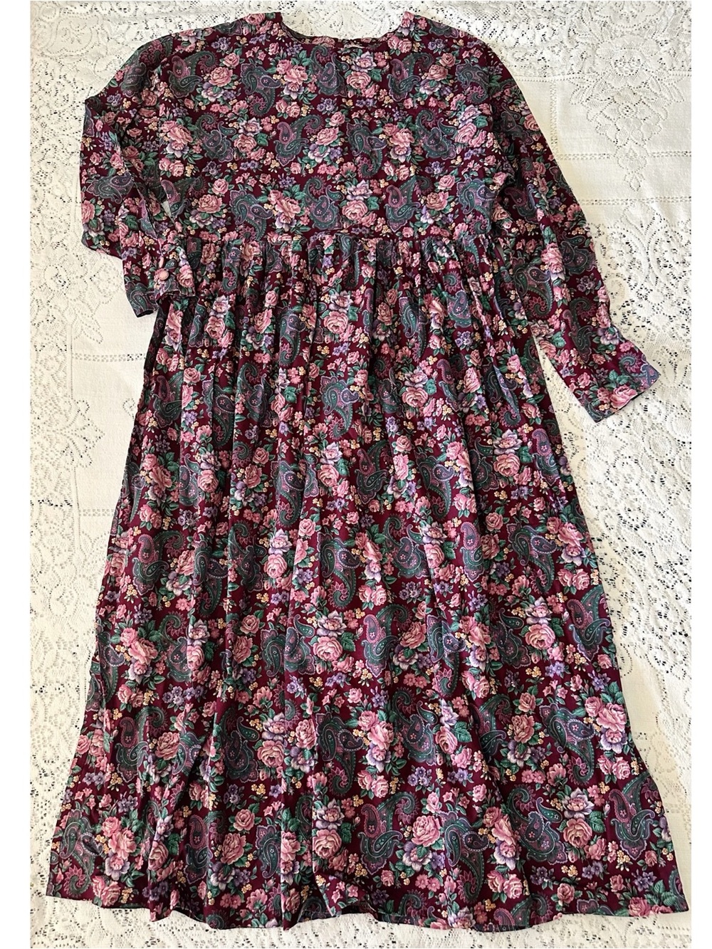 Vintage Handmade Whimsical Paisley Dress Burgundy Long Sleeve Maxi Boho Hippie
